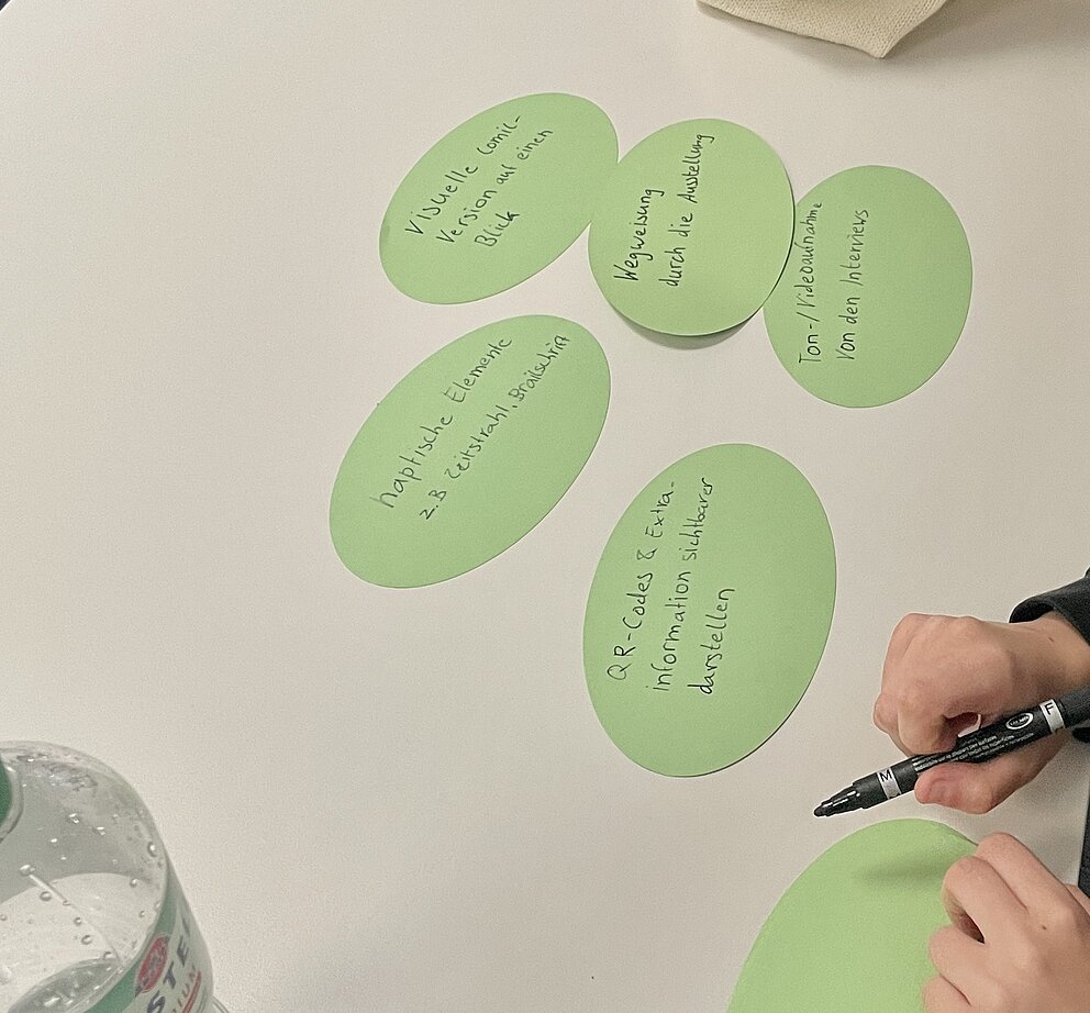 Grüne rund Karten mit Text liegen auf einem Tisch